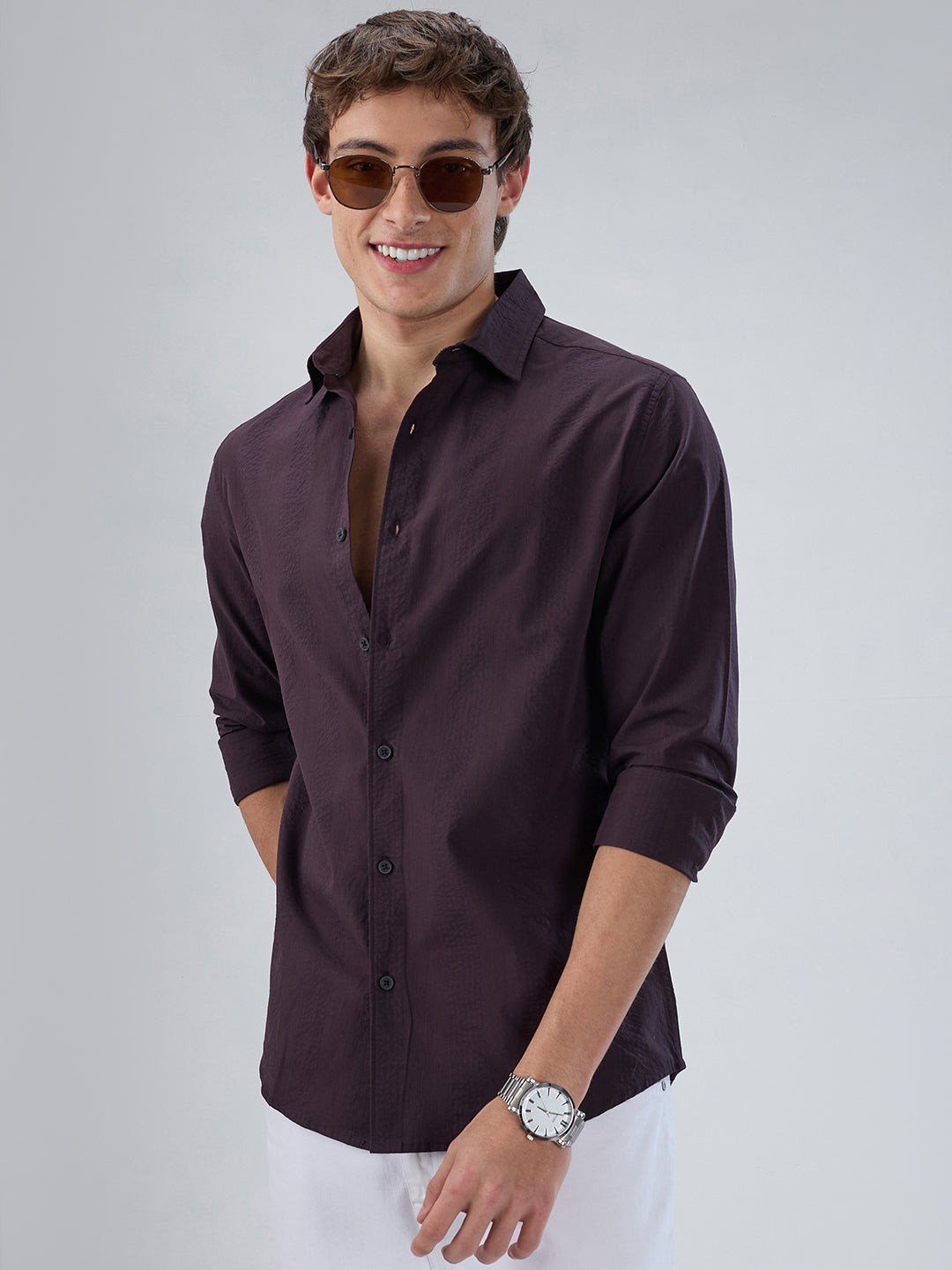 Deep Wine Striped Seersucker Shirt