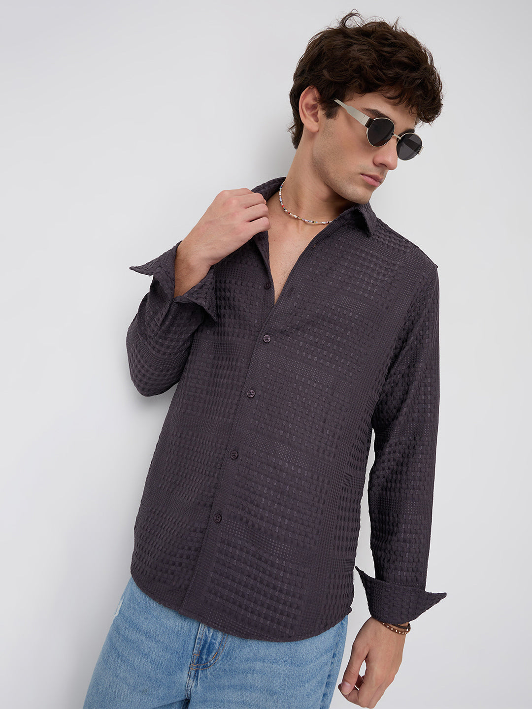 Charcoal Grey Geometric Grid Embossed Textured Shirt