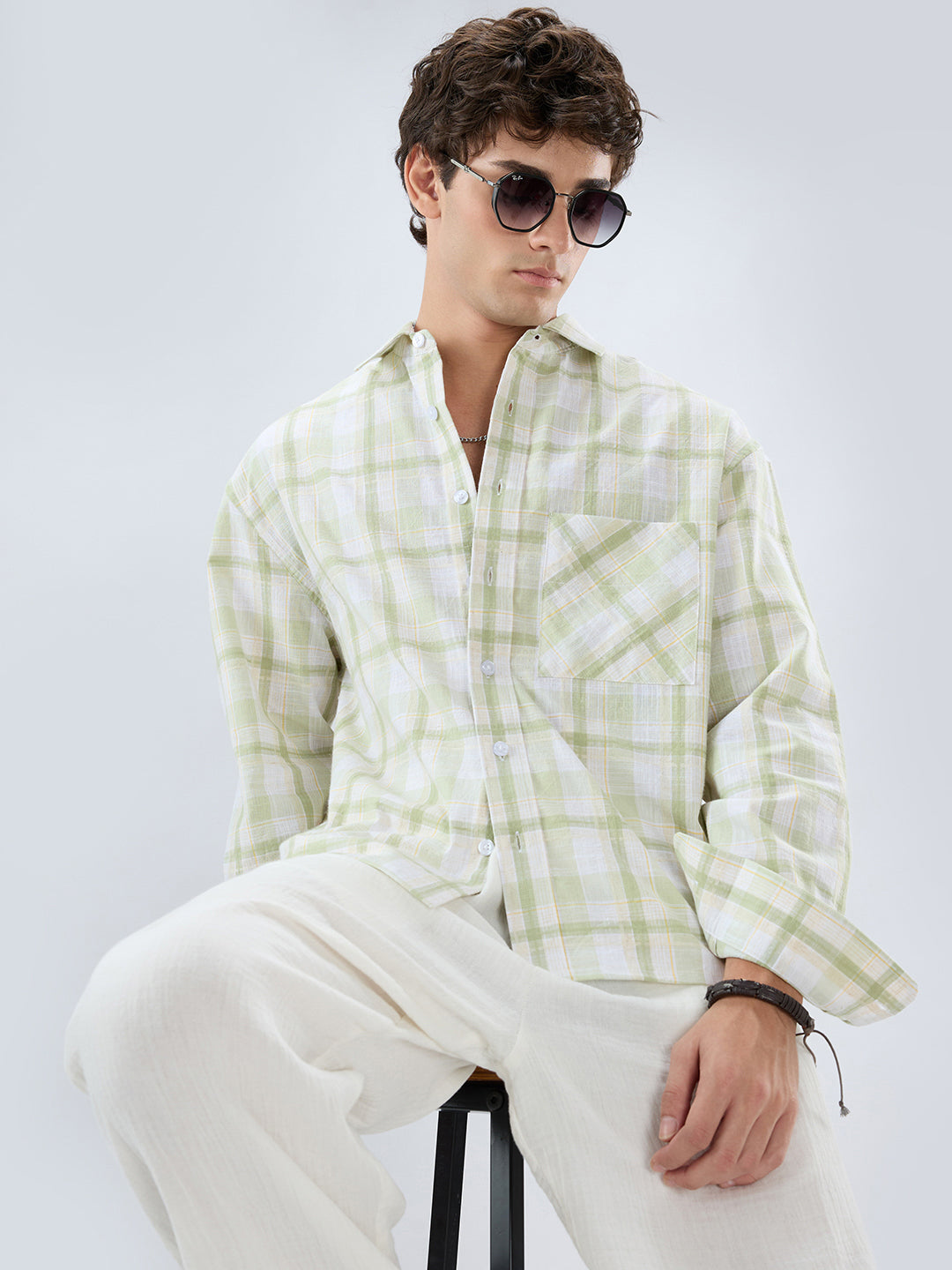 Premium Spring Green Fine Weave Linen Blend Boxy Fit Crop Shirt