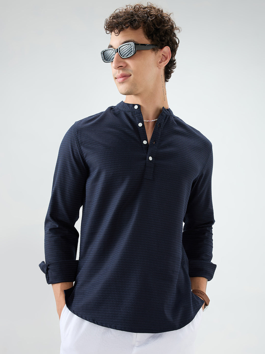 Ritzy Navy Zig-Zag Textured Kurta