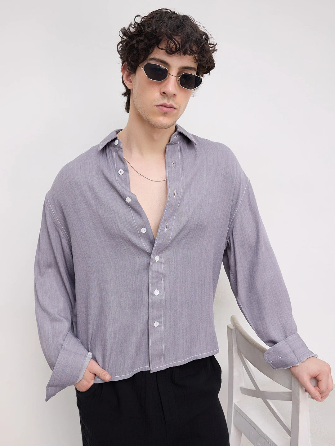 Rich Graphite Grey Softgrain Weave Boxy Fit Crop Shirt