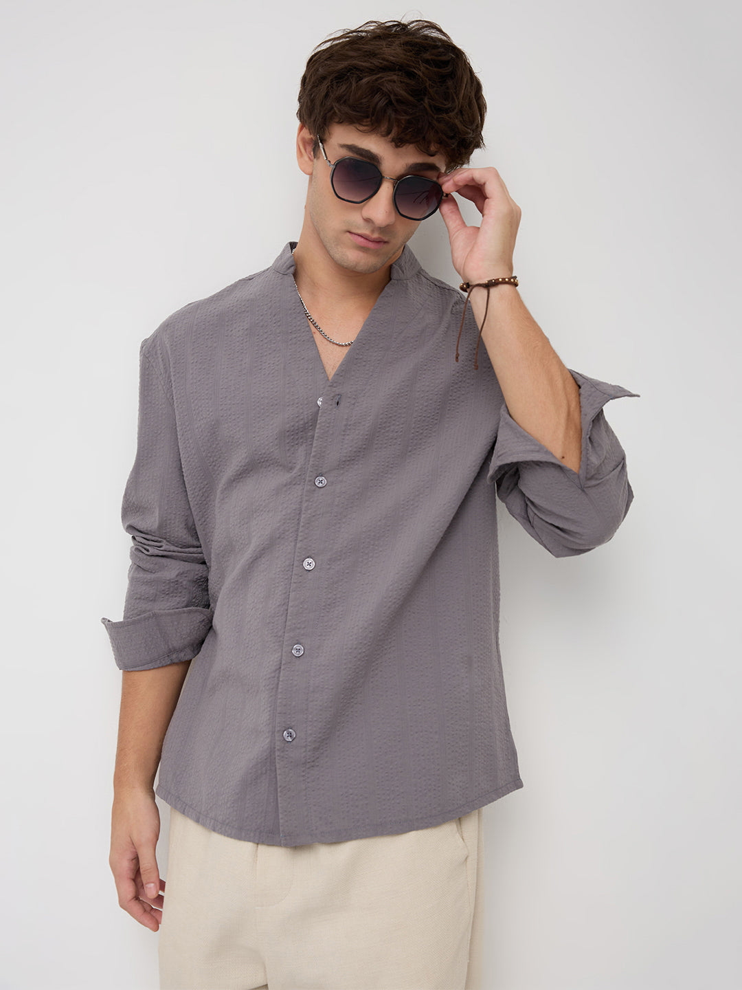Grey Seersucker Striped Stand Collar Oversized Shirt