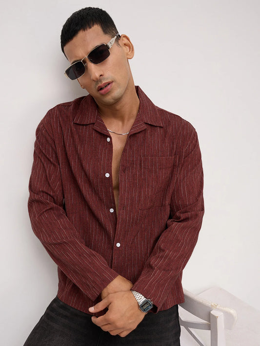 Elegant Maroon Multi-Stripe Weave Oversized Notch Collar Shirt