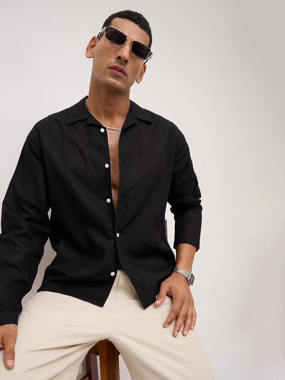 Luxe Black Linen Blend Notch Collar Oversized Shirt