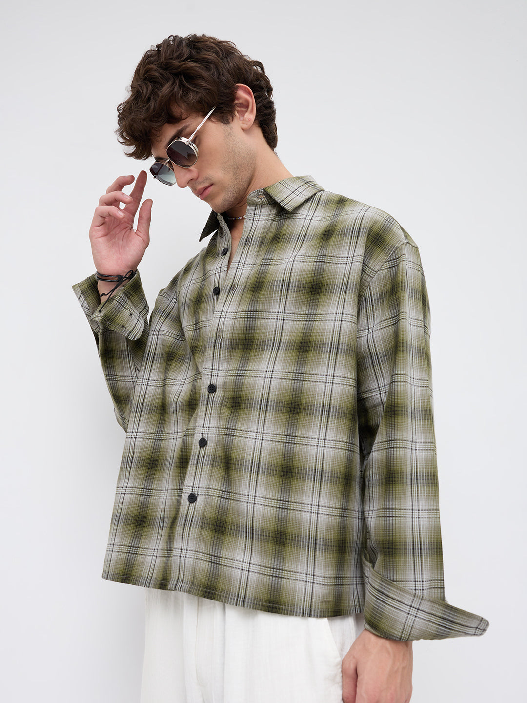 Forest Echo Plaid Checks Boxy Fit Crop Shirt