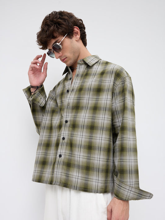 Forest Echo Plaid Checks Boxy Fit Crop Shirt