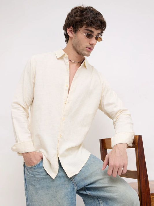 Pearl Cream Micro Grid Weave Textured Shirt