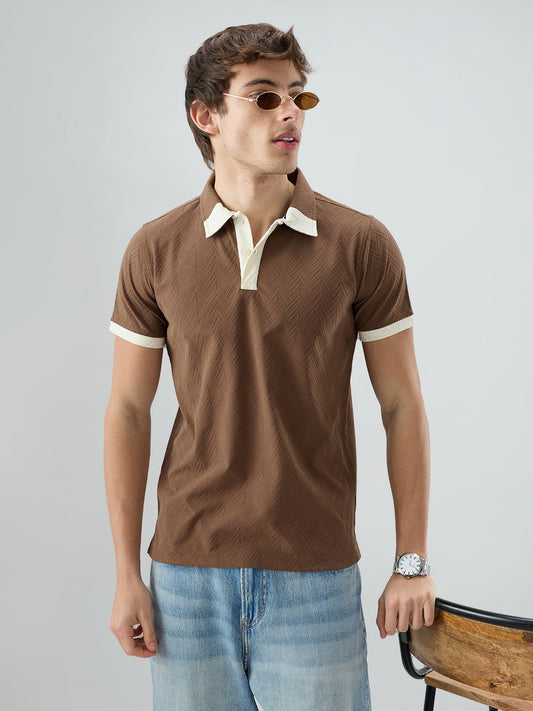 Brown Chevron Contrast Knit Polo Neck T-shirt