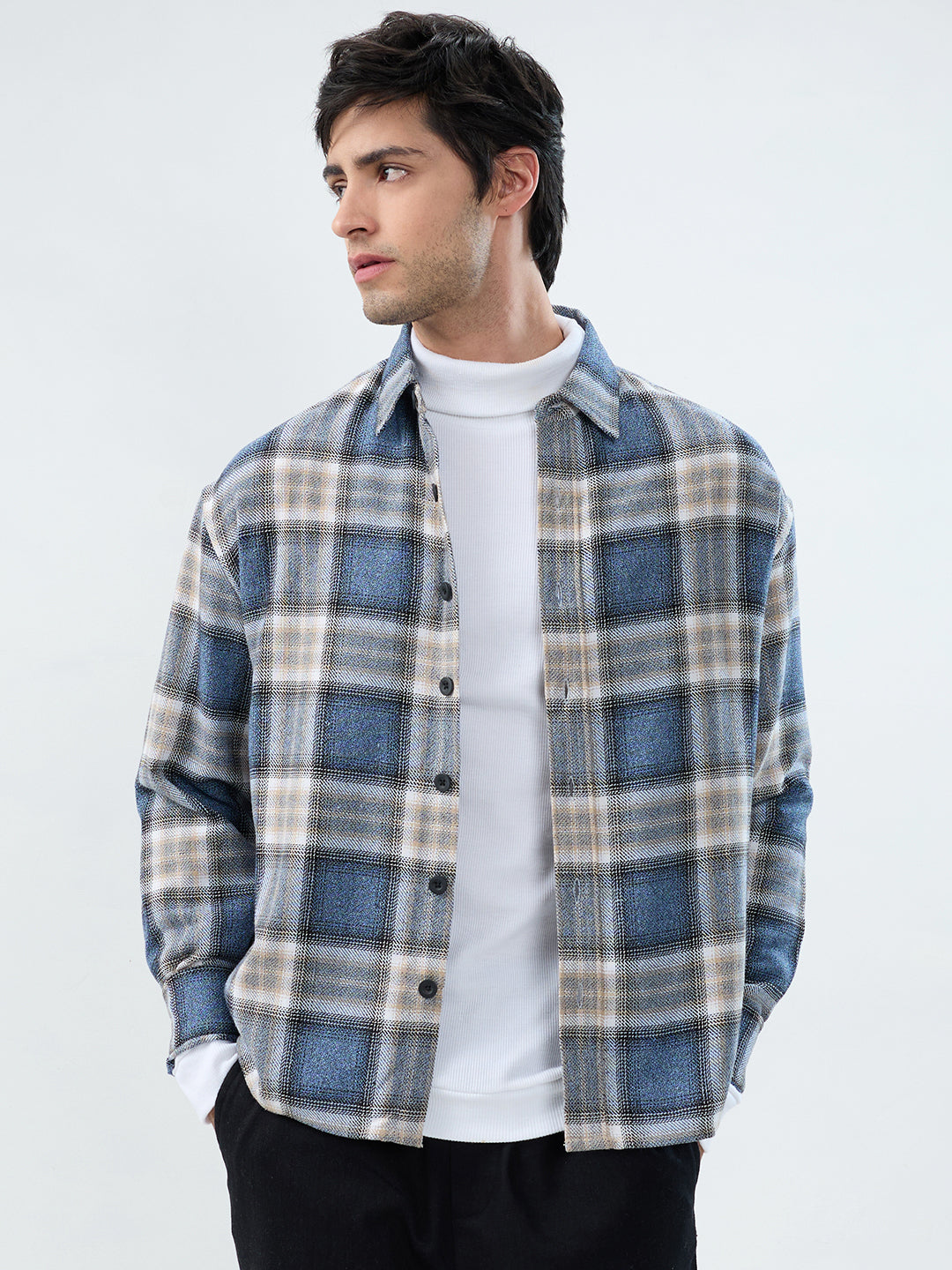 Aegean Blue Checkered Boxy Fit Crop Shirt