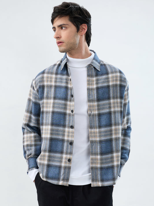 Aegean Blue Checkered Boxy Fit Crop Shirt