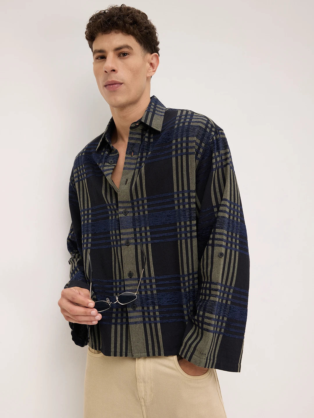Olive & Navy Raised Plaid Checks Cuffless Oversized Crop Shirt