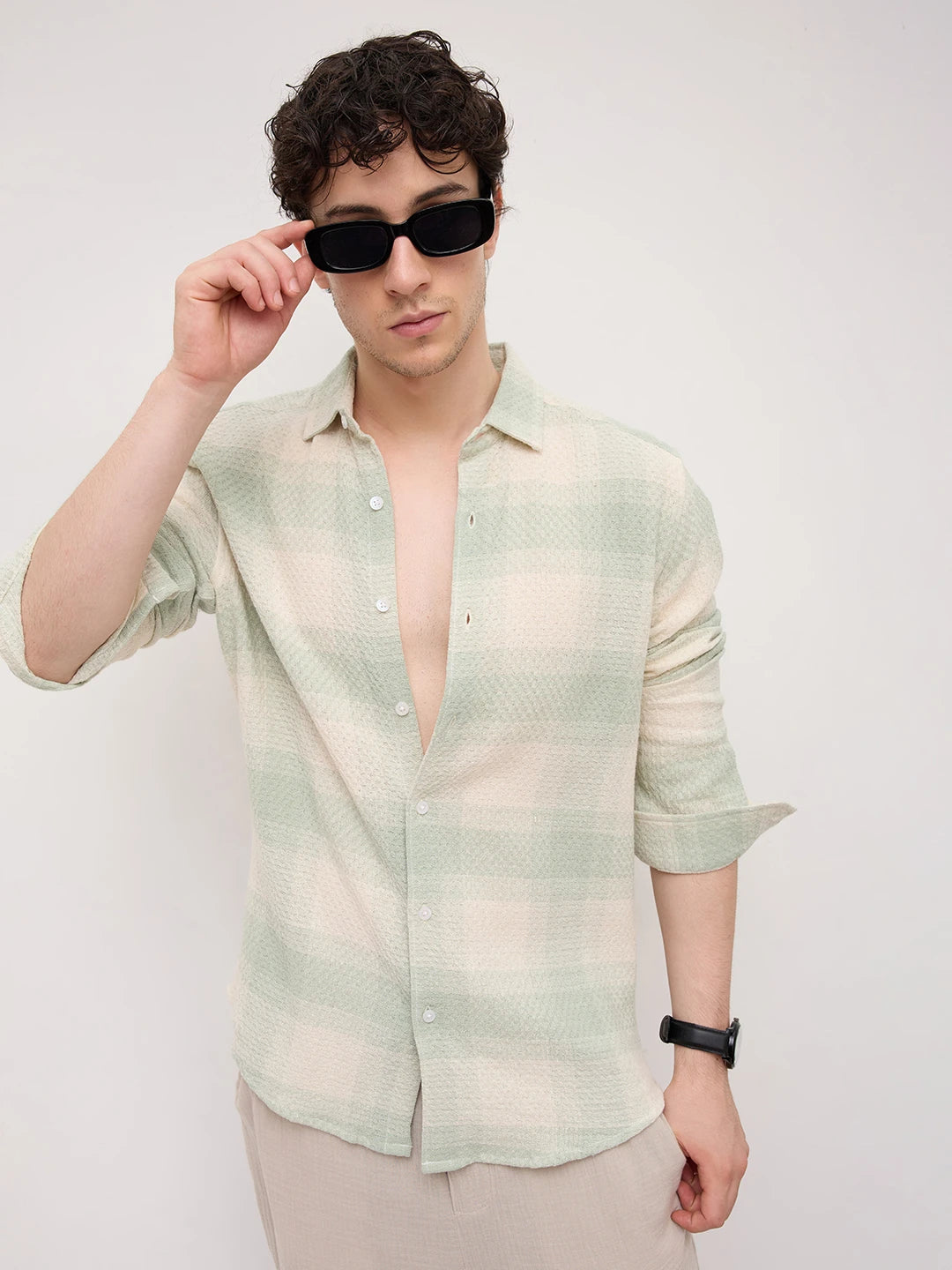 Soft Sage Honeycomb Grid Weave Shirt