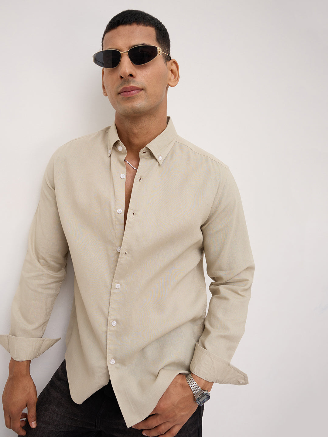 Luxe Laurel Green Button-Down Collar Linen Blend Shirt