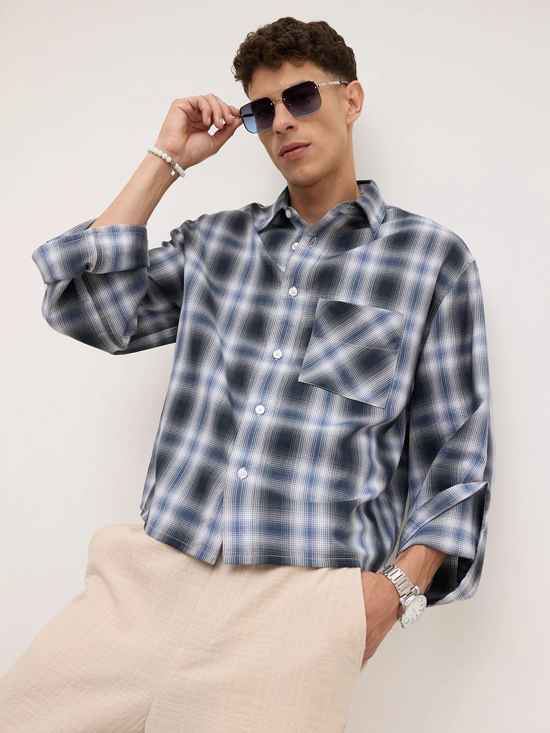 Opulent Slate Blue Plaid Checks Cuffless Boxy Fit Crop Shirt