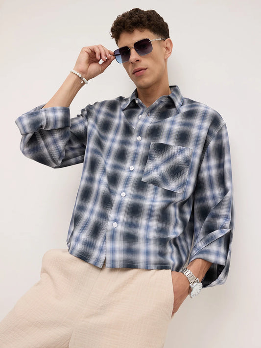 Opulent Slate Blue Plaid Checks Cuffless Boxy Fit Crop Shirt