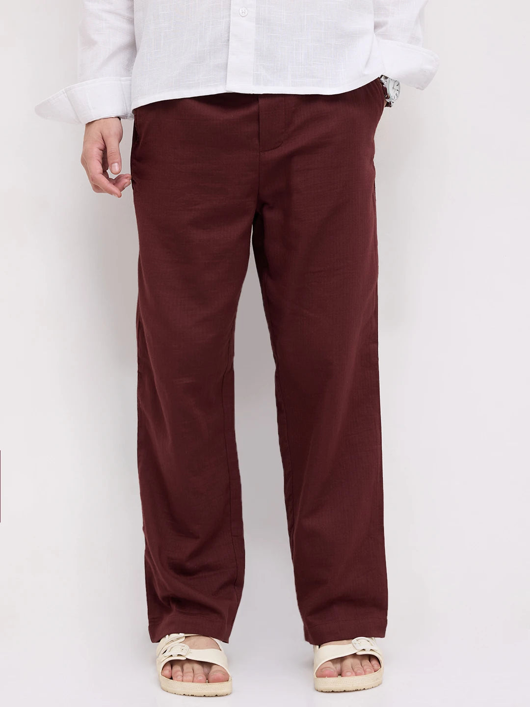 Maroon Herringbone Textured Straight Fit Trousers