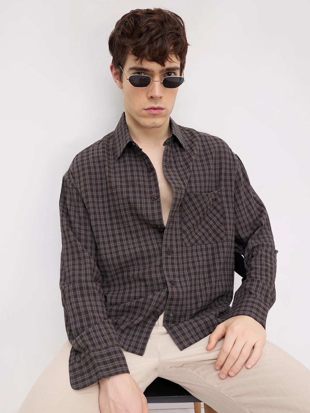 Brown & Grey Shadow Atelier Checked Boxy Fit Crop Shirt