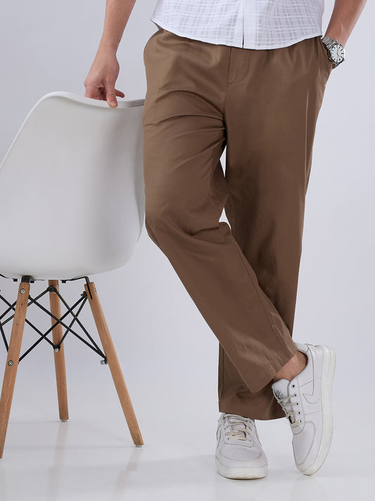 Solid Brown Tapered Trousers
