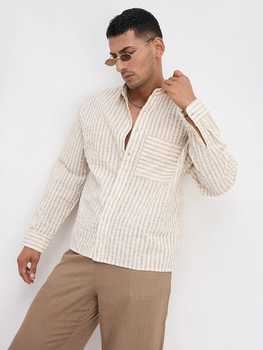 Beige & Ivory Seersucker Candy Striped Boxy Fit Crop Shirt
