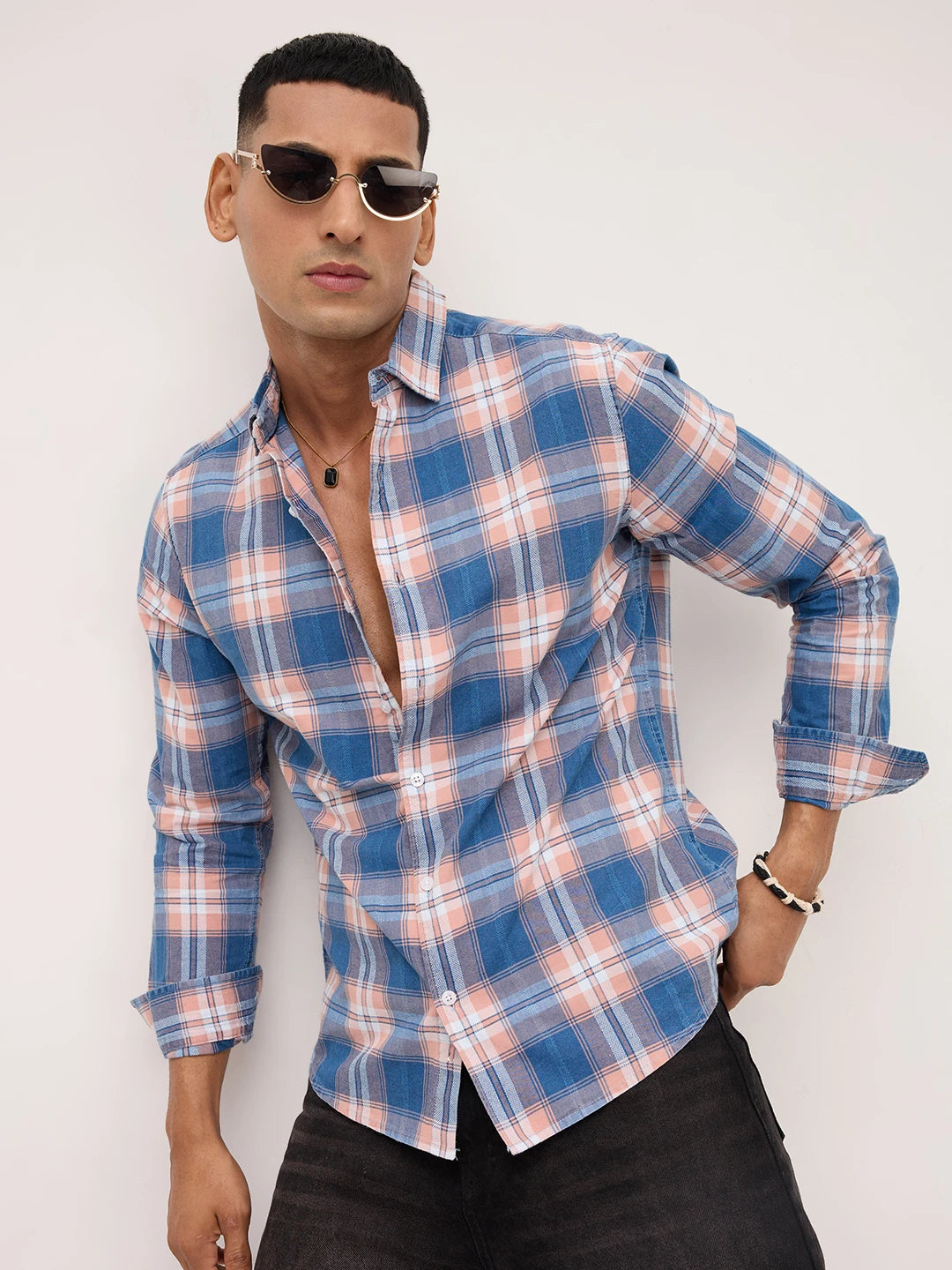 Premium Powder Blue Field Checks Denim Jacquard Shirt