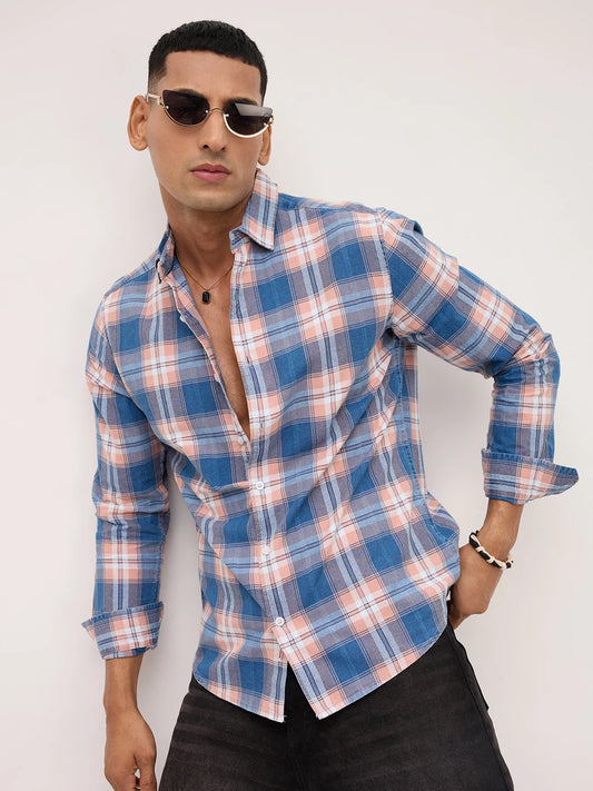 Premium Powder Blue Field Checks Denim Jacquard Shirt