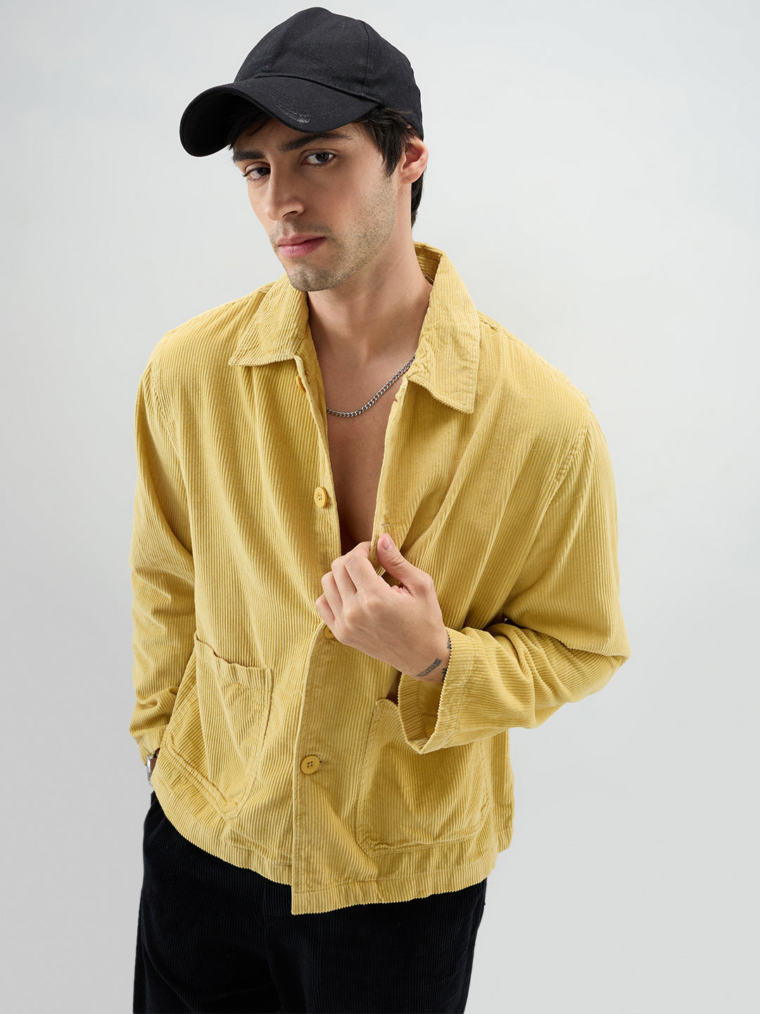 Sunmelt Mustard Corduroy Oversized Double Pocket Crop Shacket