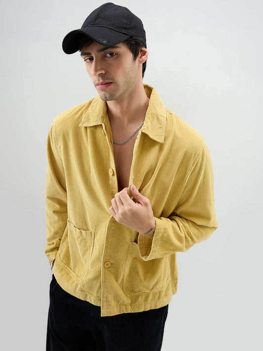 Sunmelt Mustard Corduroy Oversized Double Pocket Crop Shacket