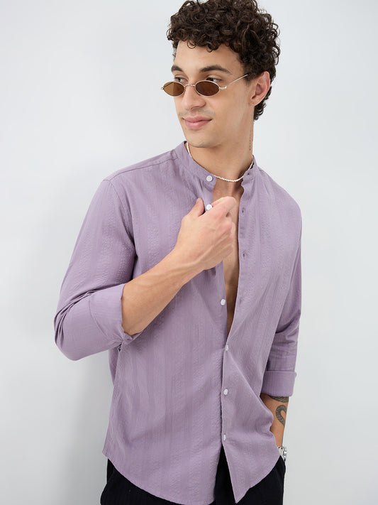 Soft Lavender Seersucker Striped Mandarin Shirt
