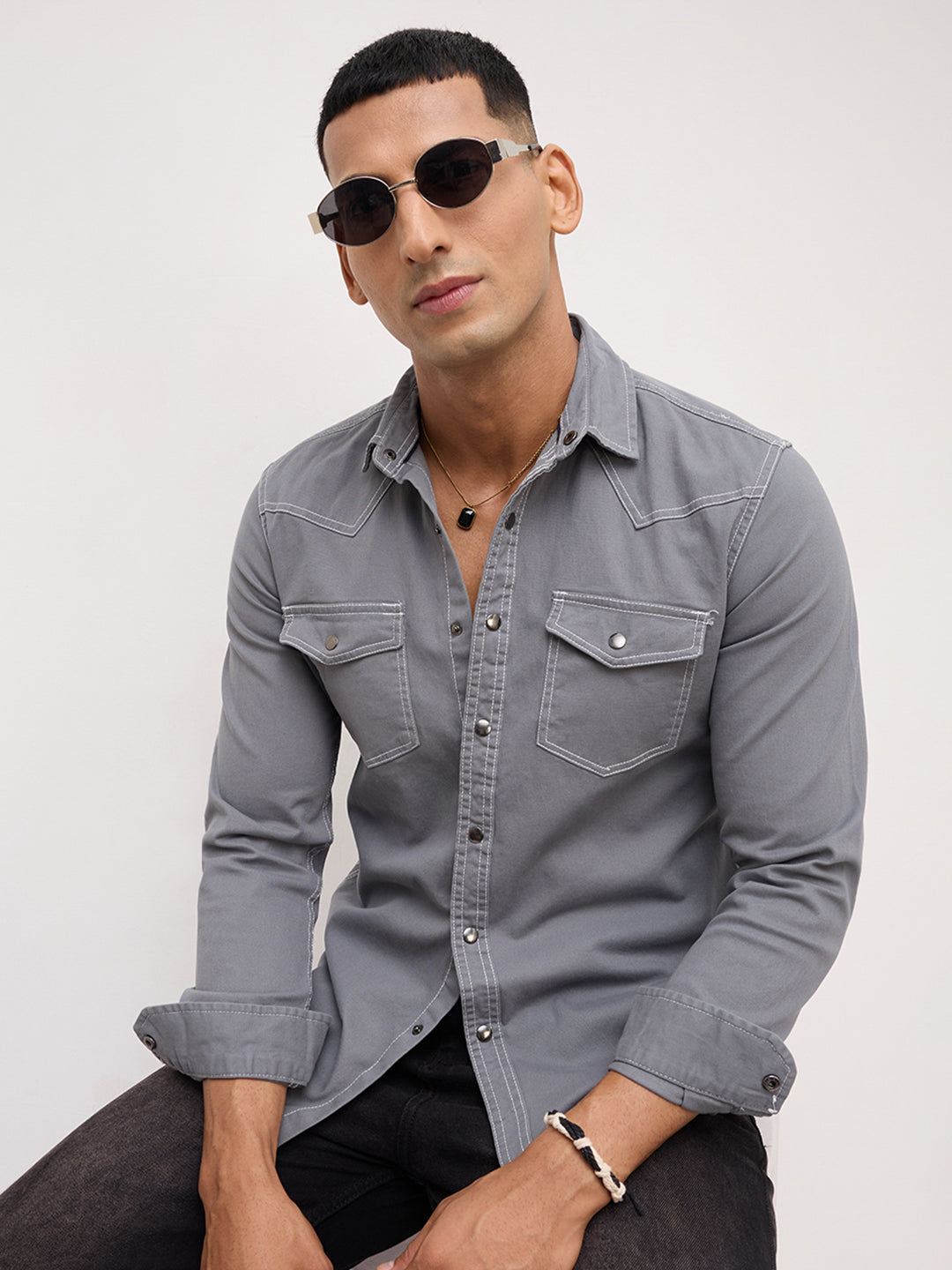 Slate Grey Contrast Stitch Twin Pocket Overshirt