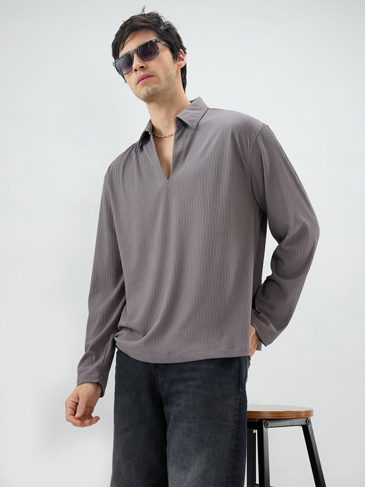 Graphite Grey Precision Rib Striped Oversized Polo Knitted Shirt