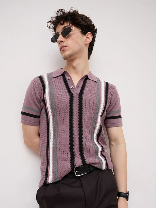 Mauve Ladder Striped Zip Flat Knit Polo T-Shirt
