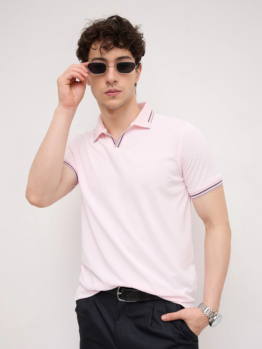 Soft Pink Contrast Knit Collar Tee