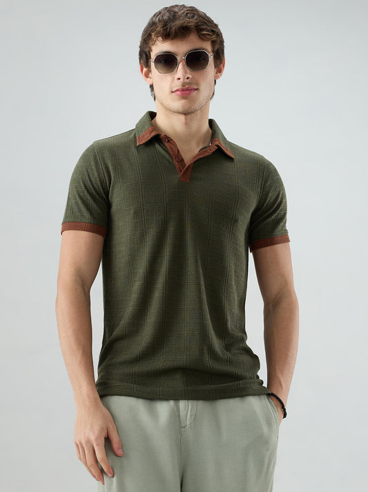 Green Contrast Polo Neck Knit T-shirt