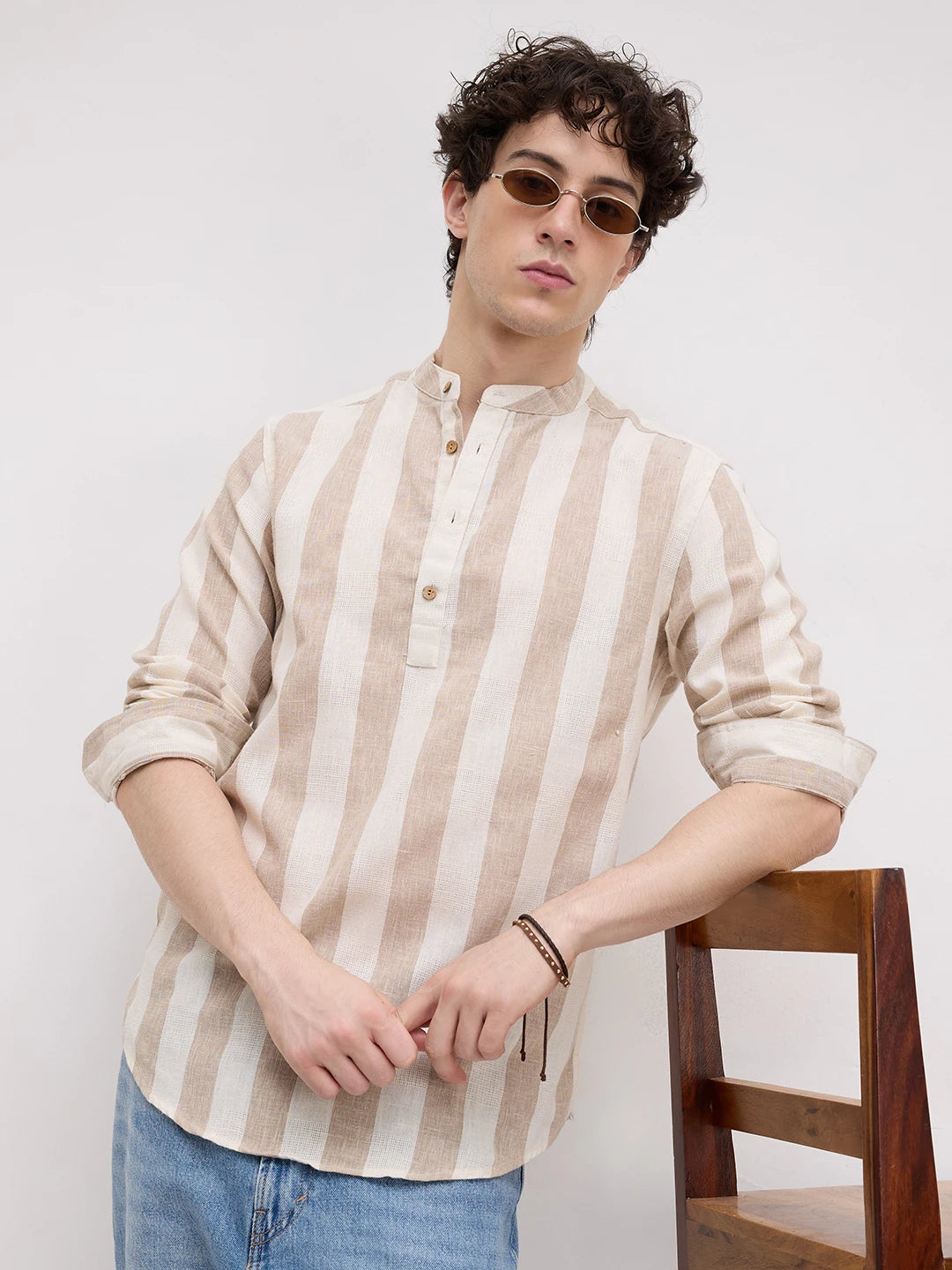 Beige & Ivory Striped Jacquard Kurta