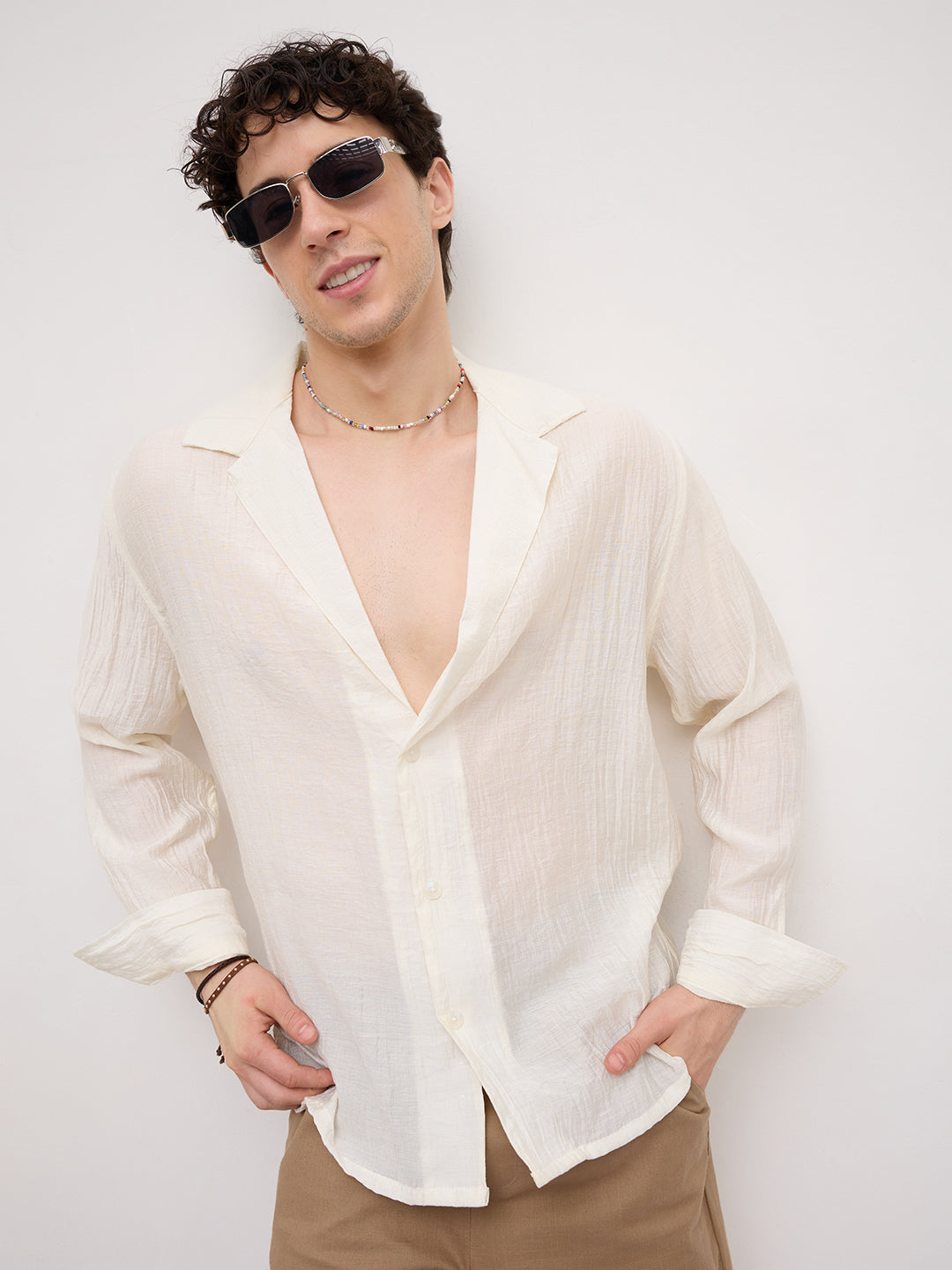 Off- White Pearl Crinkled Resort Collar Oversized Shirt