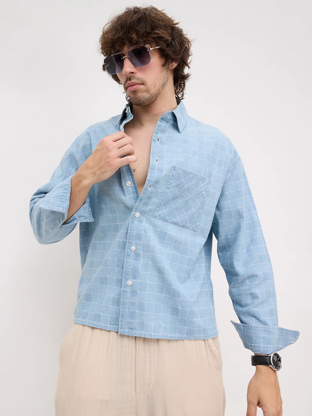 Denim Plaid Checks Boxy Fit Crop Shirt