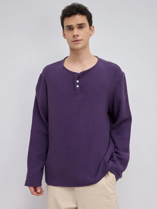 Aubergine Purple Double Cloth Henley Neck Oversized Shirt
