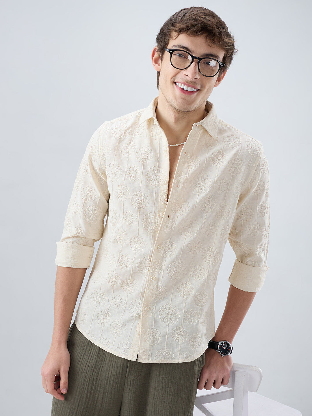 Serene Whispering Bloom Beige Embroidered Shirt
