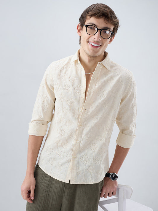 Serene Whispering Bloom Beige Embroidered Shirt