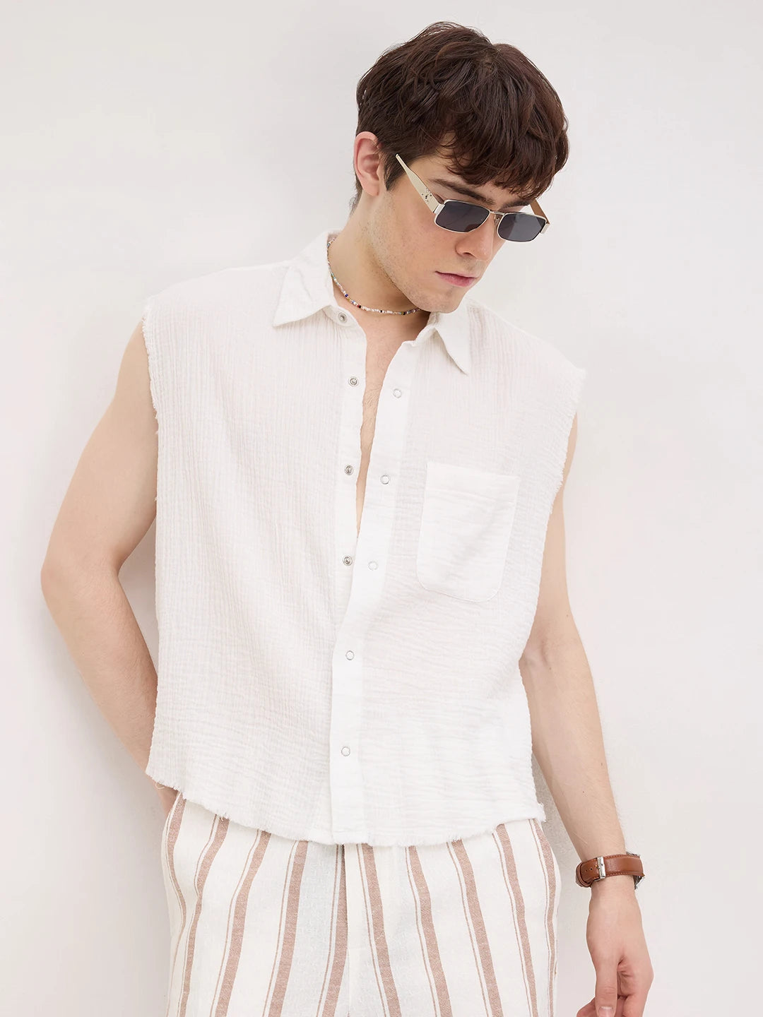 Iconic Frost White Sleeveless Cropped Shirt