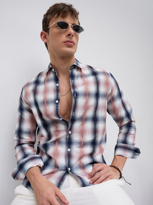 Premium Navy & Pink Textured Plaid Checks Shirt