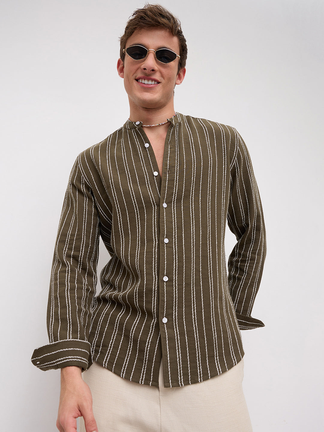 Olive & Ivory Striped Embroidered Mandarin Shirt