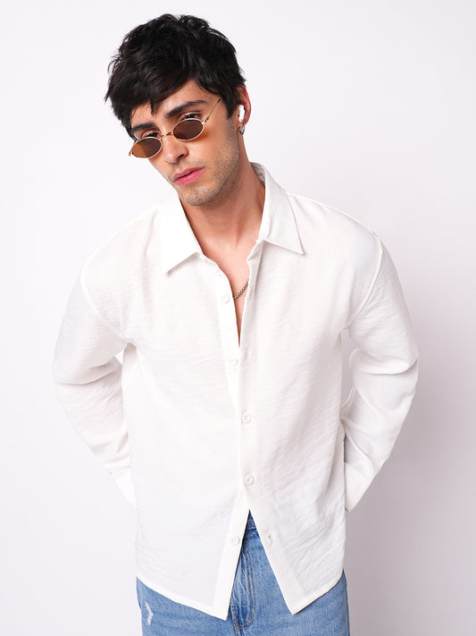 Snow White Crinkled Side-Slit Oversized Crop Shirt