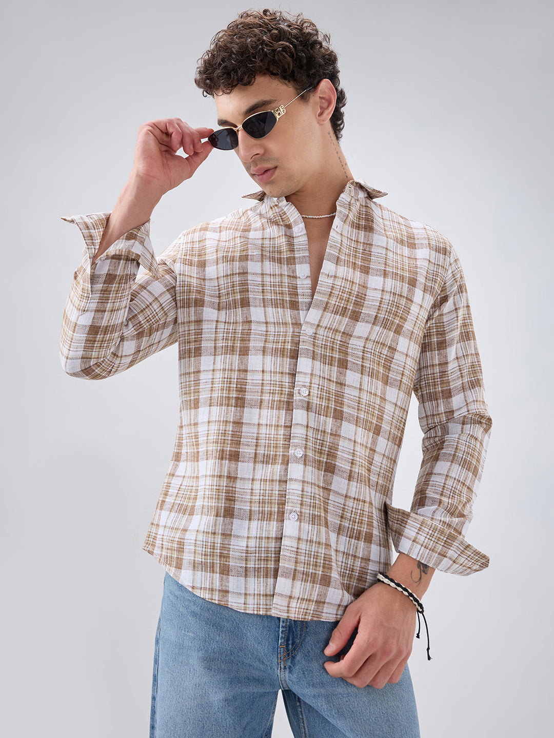 Walnut Brown Plaid Checks Textured Shirt