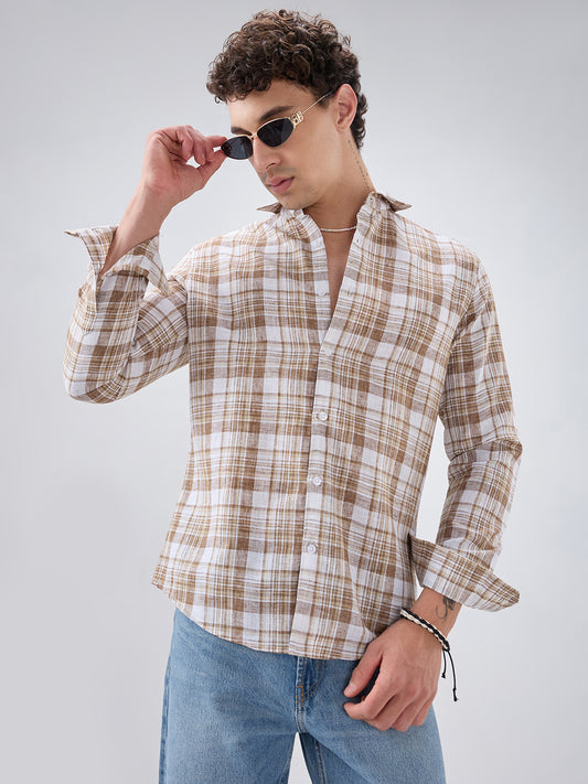 Walnut Brown Plaid Checks Textured Shirt