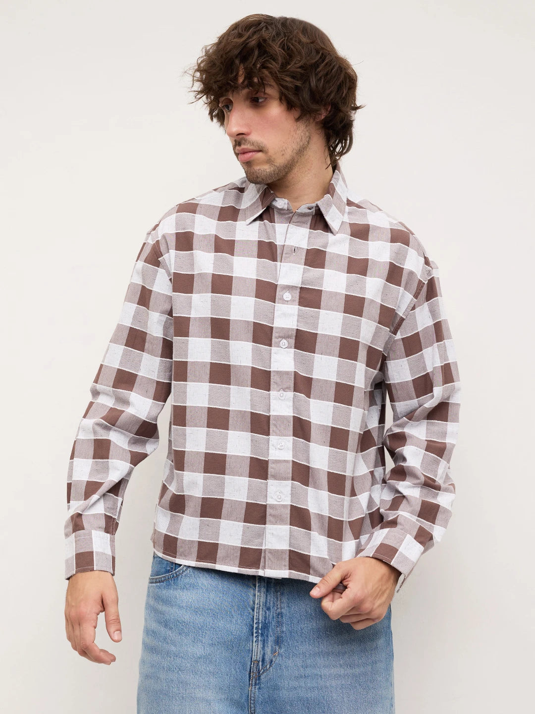 Chocolate Brown & White Ghingham Checks Boxy Fit Crop Shirt