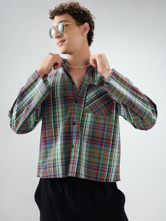 Evergreen Multi Stripe Fusion Checks Cuffless Oversized Crop Shirt