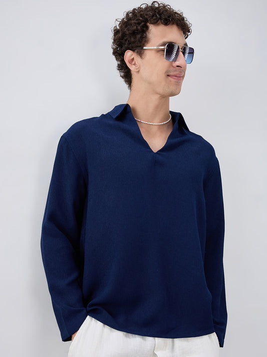 Midnight Navy Crepe Oversized Polo Shirt