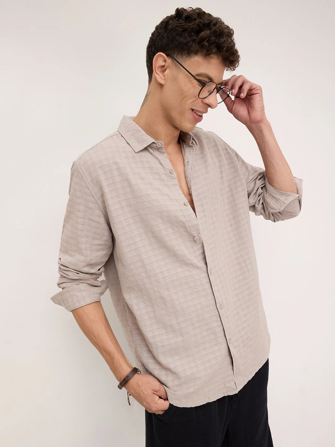 Grey Horizontal Striped Textured Shirt