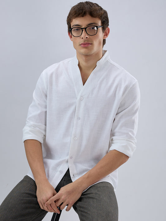 Soft Snow White Diagonal Textured Stand Collar Oversized Shirt